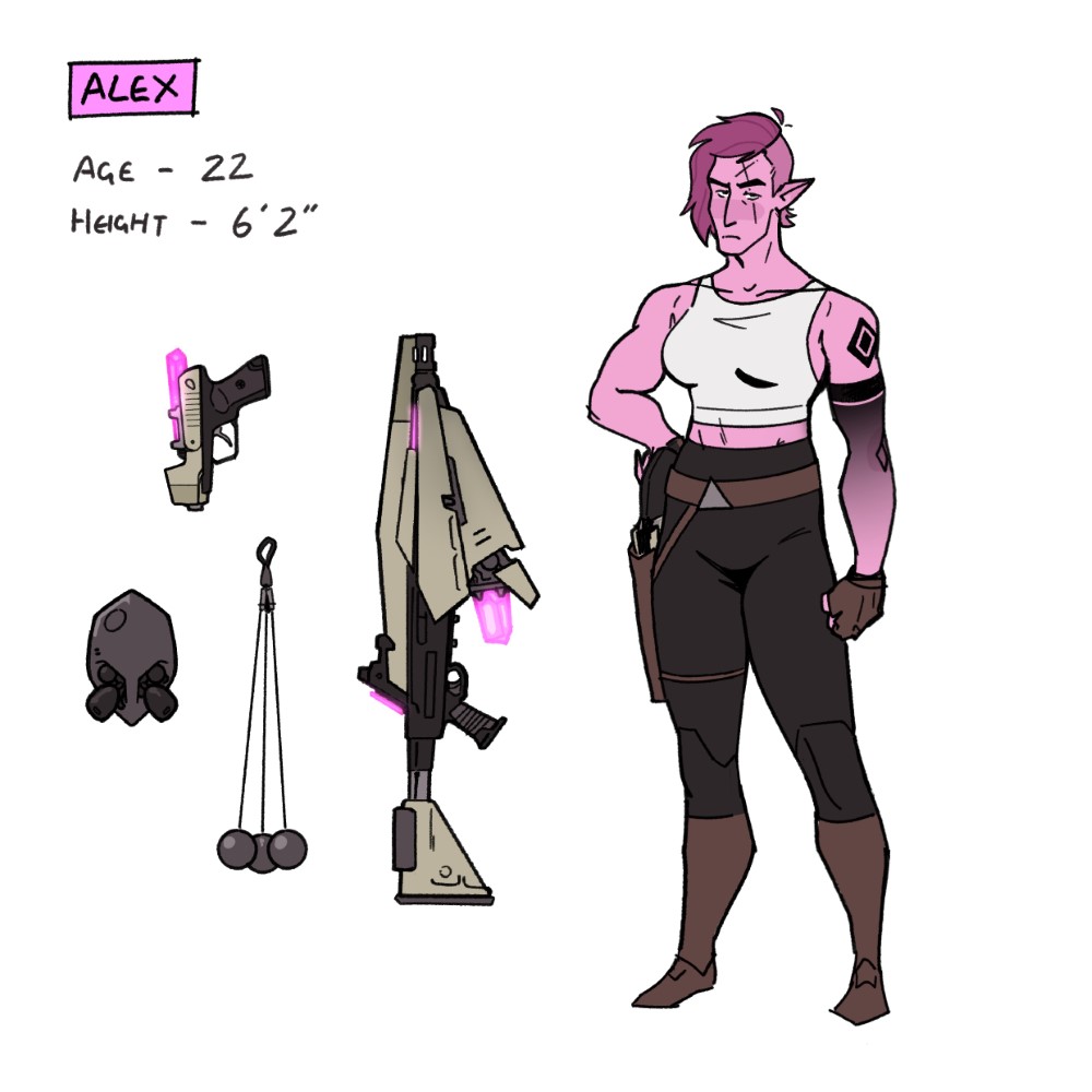 Model sheet of an alien humanoid with bright pink skin and darker pink/purple hair