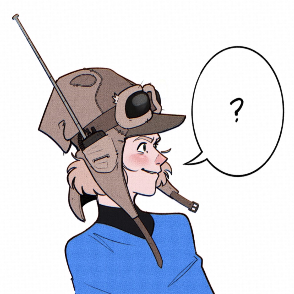 A collar up bust of a young white girl with blonde hair wearing a tall hat with a brim and ear and neck covers. They have goggles pulled up sitting on the brim. She is profile, looking right smiling open mouthed with a look of slight confusion