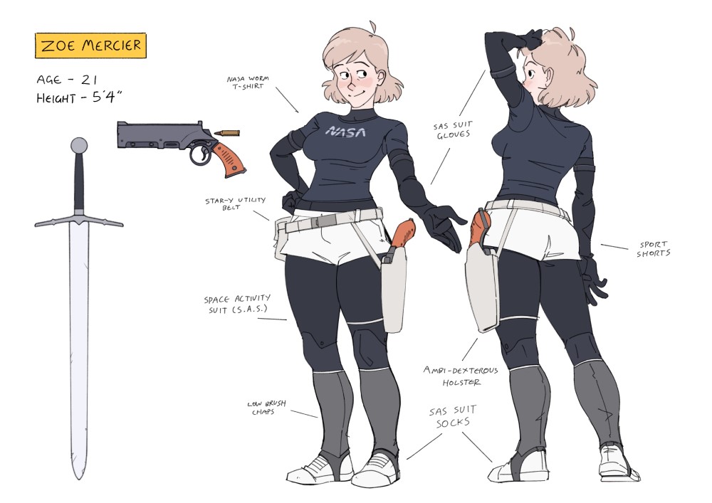 Model sheet of a girl front and back 3/4 views 'Zoe Mercier' is in a yellow caption at the top left indicating the characters name. They have white skin and blonde hair.